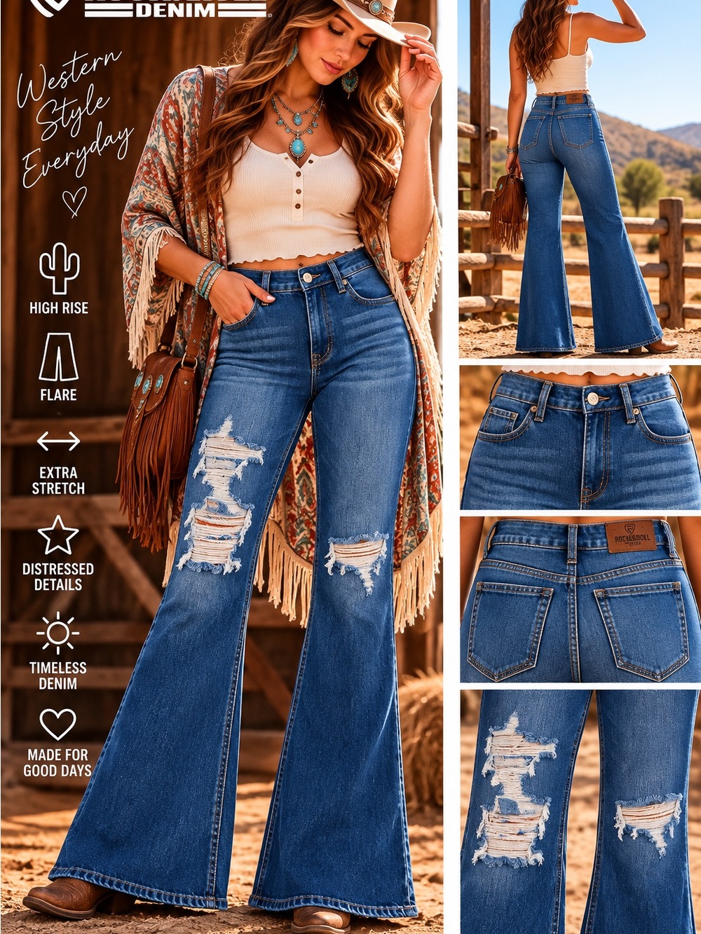 Rock & Roll Denim High Rise Distressed Flare Jeans NWT | 26x34| MSRP $79.99